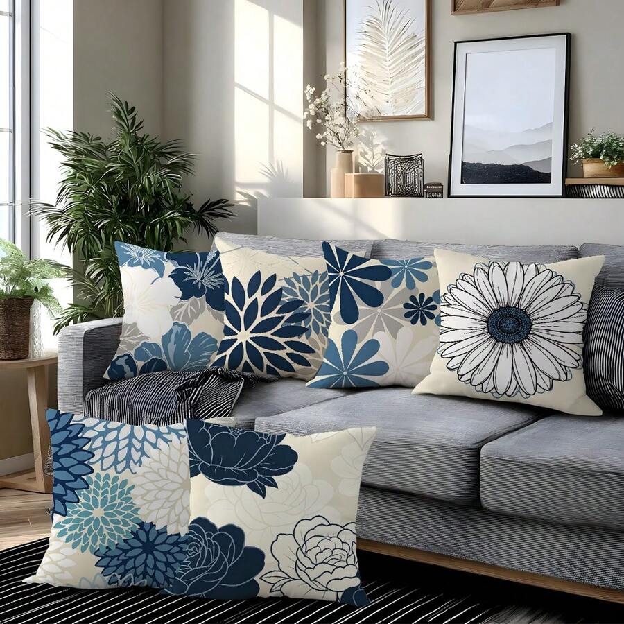 MEMNUN 6er Set moderne minimalistische blau-graue abstrakte geometrische Blumenmuster Dekokissenbezüge [Kissenfüllung nicht enthalten], 45*45cm/50*50cm/40*40cm, [Einseitiger Muster] moderne Polyester-Kissenbezüge für Heimdekoration, Raumdekoration, Schlafzimmerdekoration, Dekoration für Sofa, Bett, Wohnzimmer, Schlafzimmer, Auto, Büro, Hotel, geeignet für alle Jahreszeiten, perfektes Geschenk für Familie und Freunde