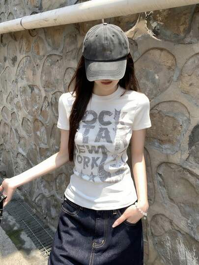夏季韩版常规肩部性感美式印花修身短袖T恤女装