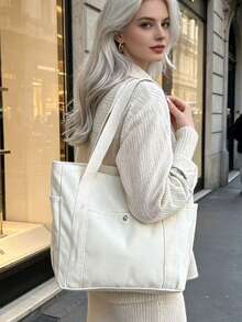 Large Capacity Women's Canvas Tote Bag, Elegant Solid Color Shoulder Handbag, Multi-Functional Commute/Work/School Bag - White - View 4