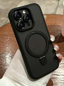 Magnetic 1pc Transparent Frosted Invisible Ring Holder Phone Case, Compatible With IPhone 17 Air 16 15 14 13 12 11 Pro Plus Max Wireless Charging, With Glass Lens Cover And Screen Protector - Black - View 3