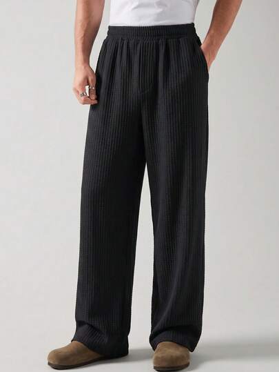 Men's Solid Color Elastic Waist Pleated Casual Everyday Pants, Black Houndstooth Trousers