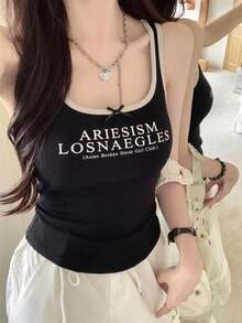 Y2K复古美式风格女童短款无袖针织背心，撞色设计，字母图案，休闲甜美街头风，适合日常、约会、周末、返校、户外、海滩等场合，黑色夏季款 - 黑色 - 查看 8