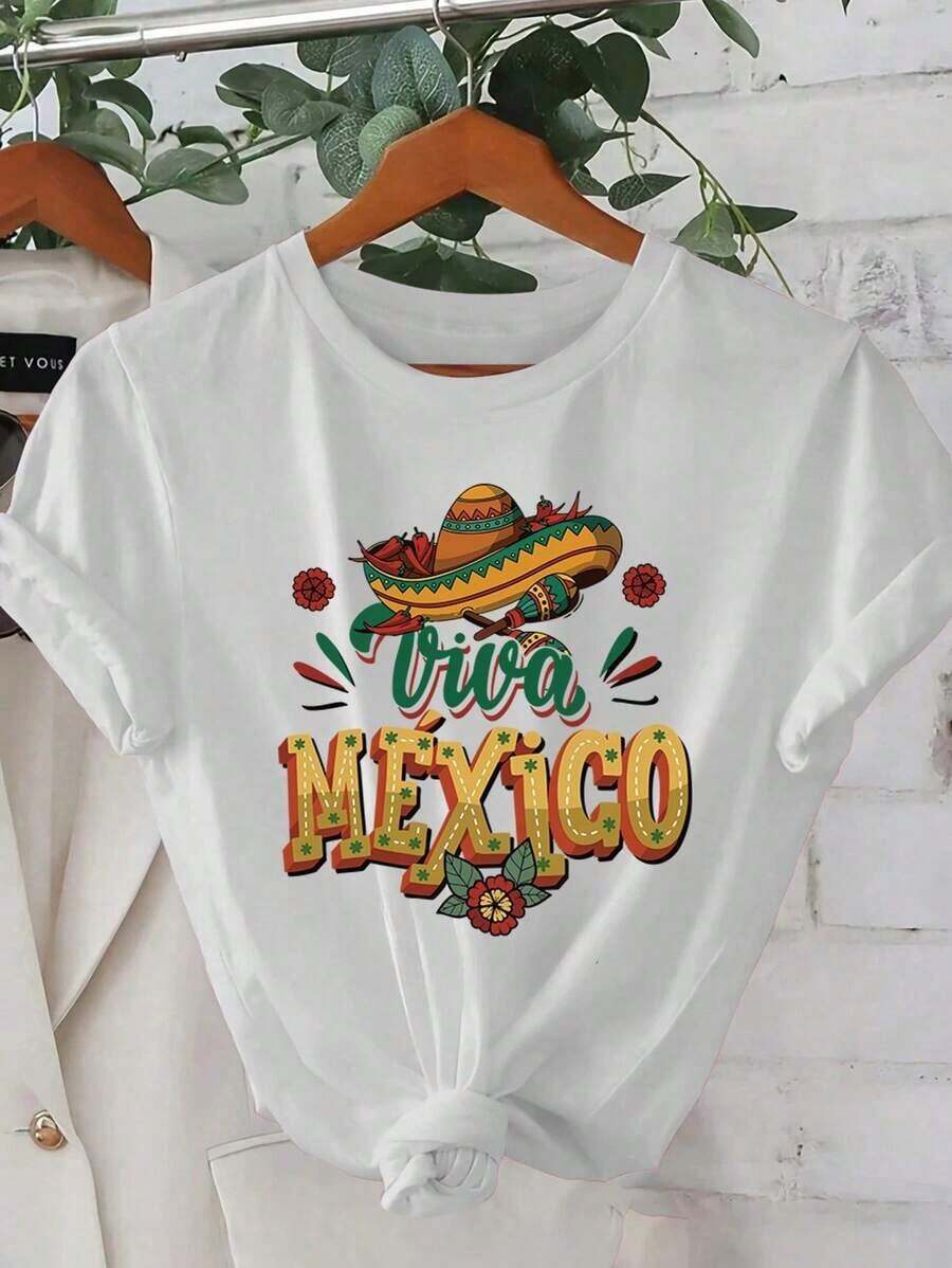 ropa de mujer Camiseta de manga corta con cuello redondo para mujer, informal, para verano, ocio, playa, vacaciones en crucero - Estampado vibrante VIVA MEXICO con sombrero y maracas, camiseta ligera de verano, lavable a máquina, ropa versátil para la calle y vacaciones, camiseta mexicana, comodidad diaria, diseño festivo, camisa de corte relajado, camisas de mujer - Blanco - Ver 1