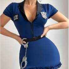 Halloween Women Police Cosplay Lingerie, Short Sleeve Front Zip Ruffle Hem Mini Dress, Sexy Roleplay Party Outfit - Blue - View 5