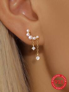 1 pieza/1 pieza Pendiente de perla de concha de plata de ley 925 hipoalergénico para mujer, pendiente de botón perfecto para perforación / regalo, joyería nupcial fina - Plateado - Ver 9
