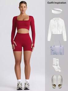VVX Women's Seamless Sports Yoga Set Long-Sleeved Shorts Thumbholes Slim High-Waist Tummy Control Sports Set - Đỏ - Xem 5