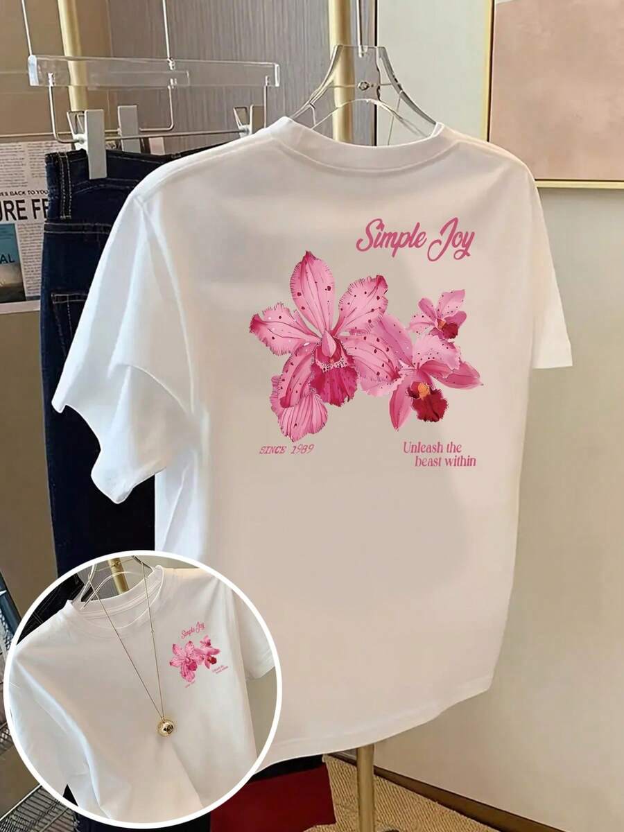 Women's T-Shirt With A Simple And Cheerful Design On The Front And Back, Featuring A Stylish Orchid Print And Short Sleeves. This Casual Crew Neck T-Shirt Is Designed For Everyday Wear, Offering Comfort And A Perfect Fit For Leisure Time. - White - View 1