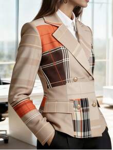 HOMEYEE Long Sleeve Plaid Print Blazer, Retro Elegant Casual Vacation Formal Daily Business Commute Workwear - Màu be - Xem 3