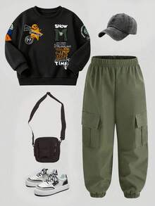 Baby Boy Cartoon Print Long Sleeve Sweatshirt And Cargo Pants Casual Set - Black - View 3