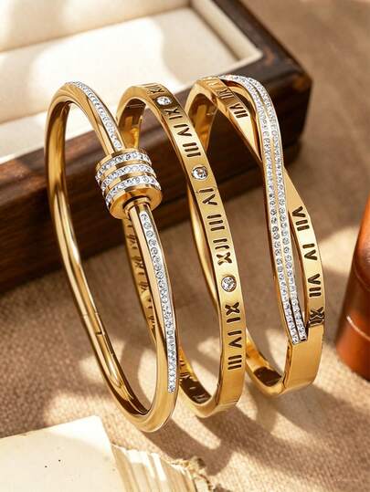Bộ 3 vòng tay thép không gỉ sáng bóng sang trọng dành cho nữ, trang sức đá Zirconia đeo eo, vòng tay kiểu La Mã, phù hợp cho mọi dịp, bộ vòng tay thép không gỉ nhiều màu sắc cá nhân hóa, trang sức thiết kế độc đáo, thời trang, thiết kế đa yếu tố, món quà lý tưởng tinh tế, trang sức không phai màu, hợp thời trang.