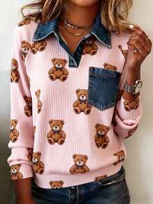 Women's Daisy Print Patchwork Sweatshirt Polo Collar Ribbed Texture Casual Long Sleeve Top - Pink - View 5