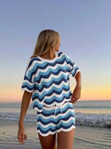 Conjunto de dos piezas de top de manga corta con tejido de ganchillo hueco y shorts casuales, estilo europeo y americano de moda para mujer en primavera y verano para vacaciones en la playa - Multicolor 3 - Ver 2