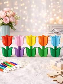 24pcs/12pcs/6pcs/1pc-DIY Paintable Tulip Ornaments, 3D Paintable Wooden Tulip Decorations, Wooden Material, Perfect For Home Decor, Party Gatherings And Creative Crafting. Also Suitable For School Graduation Parties, Thanksgiving Craft Gifts And Fun Games. - Multicolor - View 5