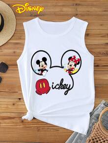 Disney 1 chiếc áo thun không tay nữ in hình hoạt hình chuột Mickey và Minnie, cổ tròn, co giãn, phù hợp mặc hàng ngày, dễ giặt ủi, kiểu dáng thời trang thường ngày. - trắng - Xem 1