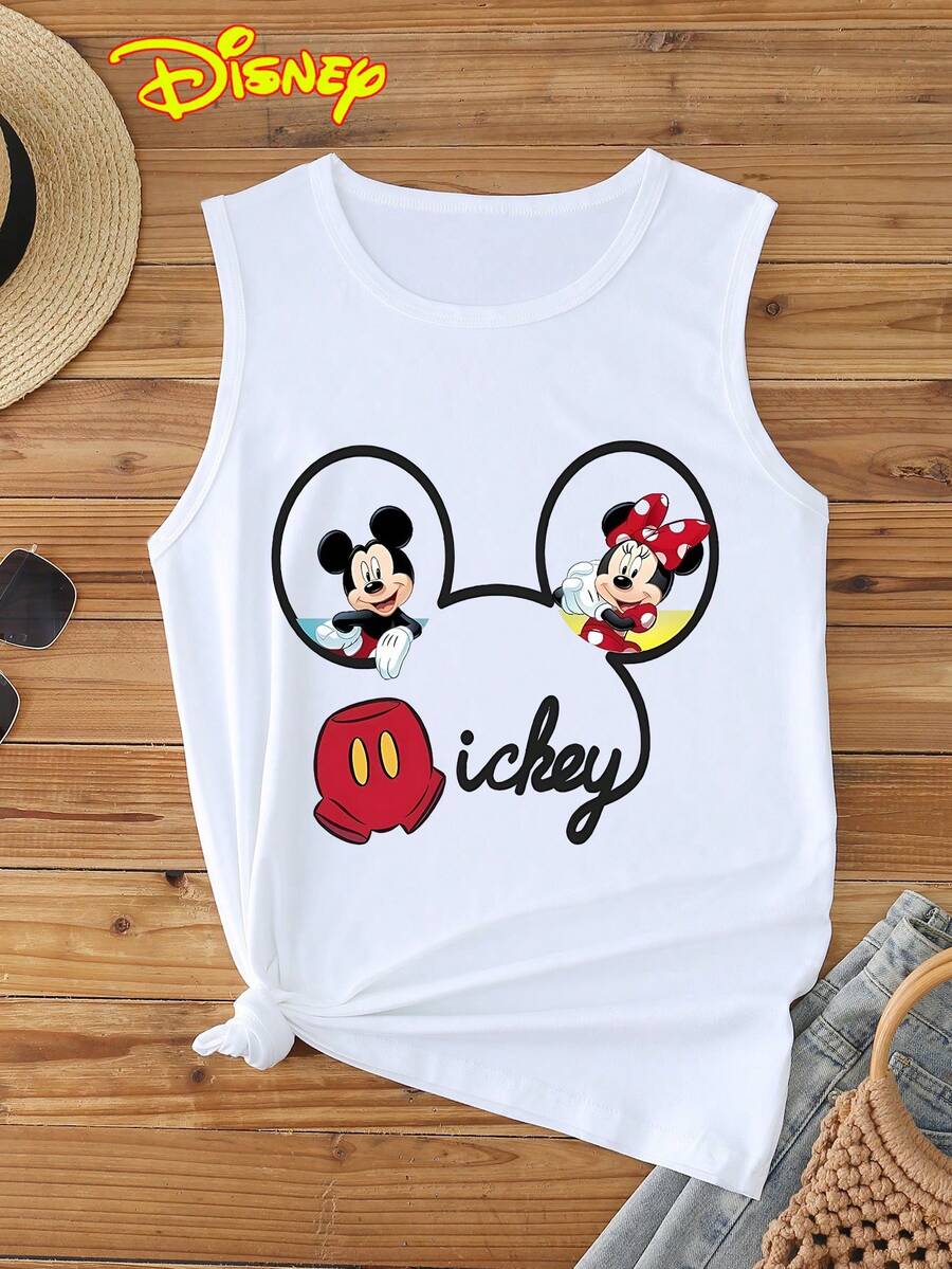 Disney 1 chiếc áo thun không tay nữ in hình hoạt hình chuột Mickey và Minnie, cổ tròn, co giãn, phù hợp mặc hàng ngày, dễ giặt ủi, kiểu dáng thời trang thường ngày. - trắng - Xem 1