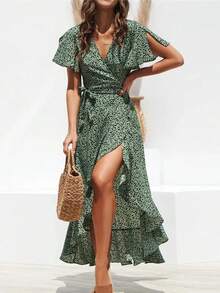 Vestido playero largo sexi con flores para mujer, vestido bohemio de gasa largo con volantes estampado, vestido entallado informal con cuello de pico y abertura de verano - verde - Ver 5