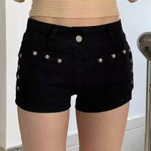 Shorts para Mujer, Ajustados, Creativos, con Cordones, Estilo Urbano Popular, Personalidad Diaria, para Estudiantes, Vacaciones, Moda Sexy, Retro Americano, Casual - Negro - Ver 1