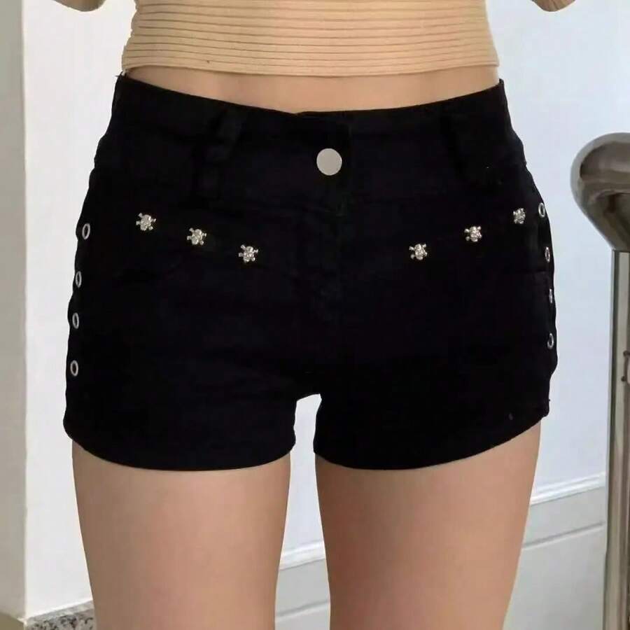 Shorts para Mujer, Ajustados, Creativos, con Cordones, Estilo Urbano Popular, Personalidad Diaria, para Estudiantes, Vacaciones, Moda Sexy, Retro Americano, Casual - Negro - Ver 1