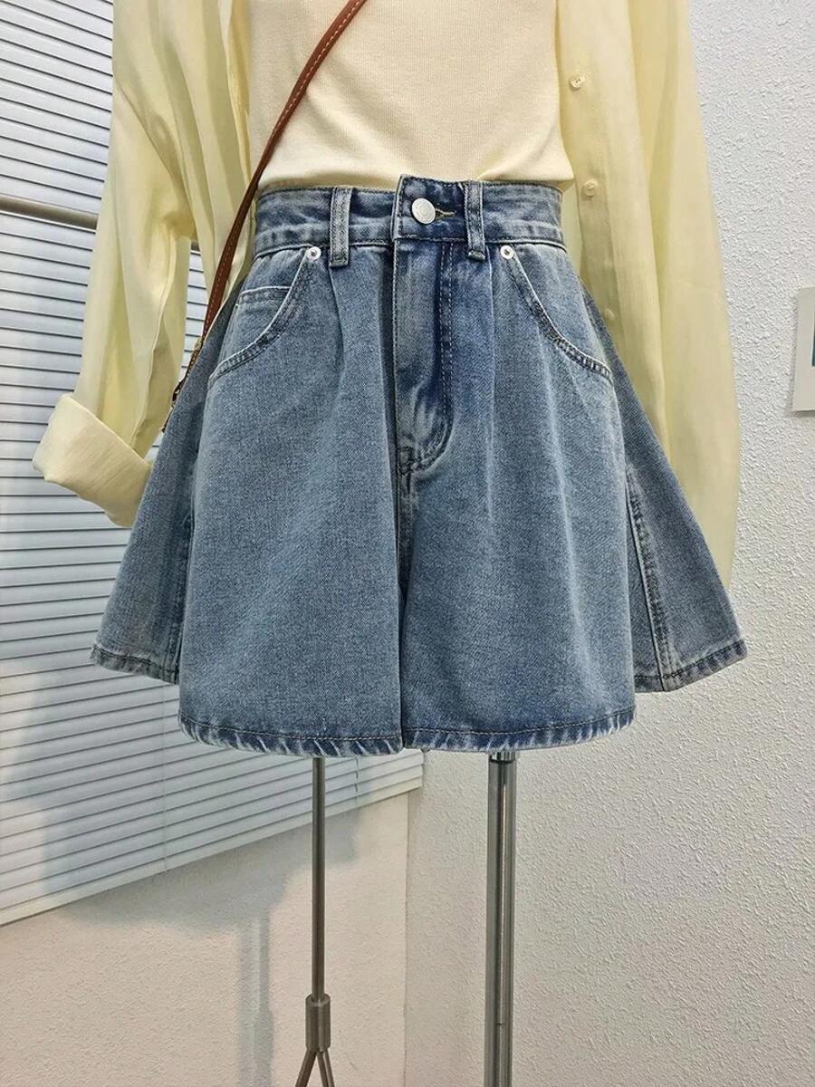 Falda vaquera corta de cintura alta y pierna ancha con corte en A para mujer, estilo retro versátil, novedad de verano - Azul - Ver 1