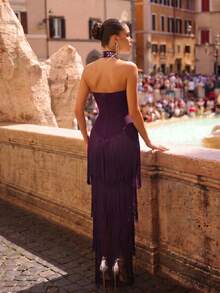 New Sexy Sleeveless Strapless Shiny Rhinestone Decor Backless Bodycon Asymmetrical Tassel Hem Maxi Dress, Party & Wedding Gown - Purple - View 6