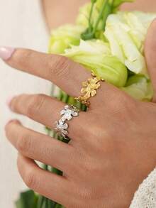 Uself 2pcs/1pc Stainless Steel Floral Design Rings, Bicolor Textured Open Rings, Fashionable & Natural, Stackable, Finger Jewelry, Suitable For Women's Daily & Party Gifts, Women's Jewelry, Western Jewelry, Brand For Women - Multicolor - View 3
