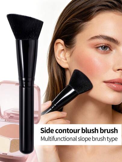 Black Single Angled Contour Blush Brush, Soft Bristle Multipurpose Face Makeup Brush For Powder, Blush, Contouring