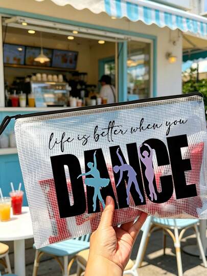 Multi-Color Waterproof Fashion Mesh Fabric Make Up Bag With Dance Theme Pattern. "Dance" And Creative Patterns Of Dancing Girls, Large Capacity Transparent Cosmetic Bag, Toiletry Bag With Nylon Zipper - Lightweight