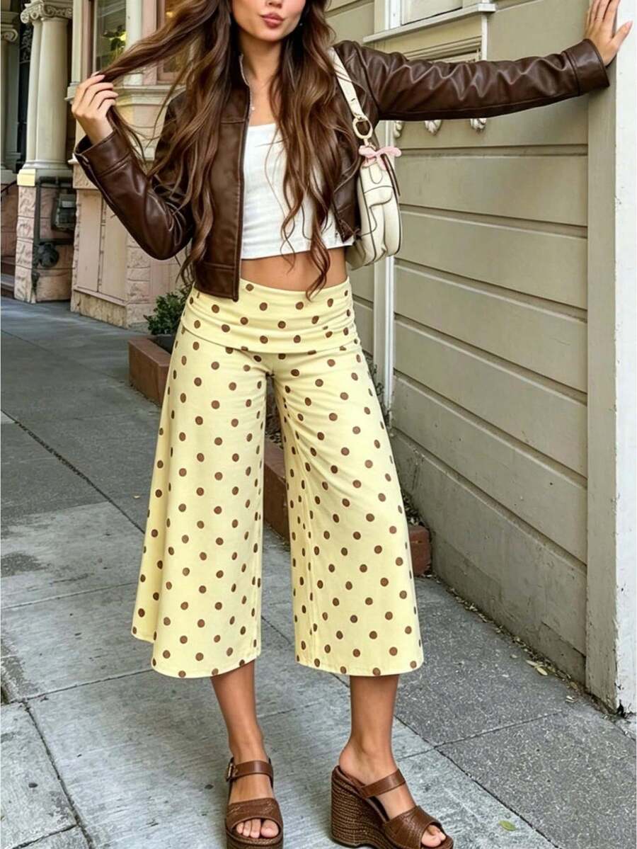 Women's Lace Trim Ruched Waist Wide Leg Capri Pants, Lettuce Hem Soft Casual Lounge Yoga Sleep Daily Loungewear Trousers - 黃色 - 查看 1