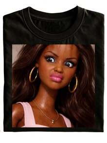 New Fun Unisex Women's T-Shirt With Black Doll Face Print, Suitable For Casual Daily Wear, Great For Gifting, Pure Fashion, Versatile, Short-Sleeved, Plus Size - 黑色 - 查看 1