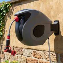 30m Automatic Garden Hose Reel With 9-Jet Spray Nozzle, Wall Mount, Adjustable Retraction Lock And 180° Rotation – UV And Frost Resistant – Complete Garden Kit, Grey/Red - A - View 2
