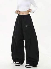 Ropa informal estilo Hip Hop Retro Y2K, pantalón de chándal informal elegante a juego, pantalón de pierna ancha de gran tamaño para mujer, pantalones Cargo con cordón de cintura baja para mujer - Beis - Ver 2