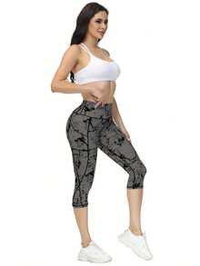 Leggings capri para mujer, pantalones de yoga de talle alto con bolsillos, negro suave para correr y hacer ejercicio - NegroGris - Ver 3
