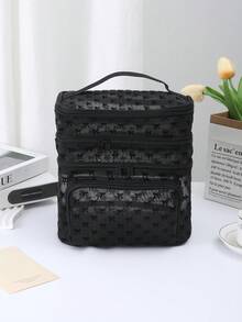 Black Minimalist Fashion Mesh Bow Pattern, Large Capacity Multi-Function 3-Layer Makeup Bag, Single Handle Multi-Pocket Convenient Design, Foldable Storage Bag, Partitioned Storage - Black - View 5