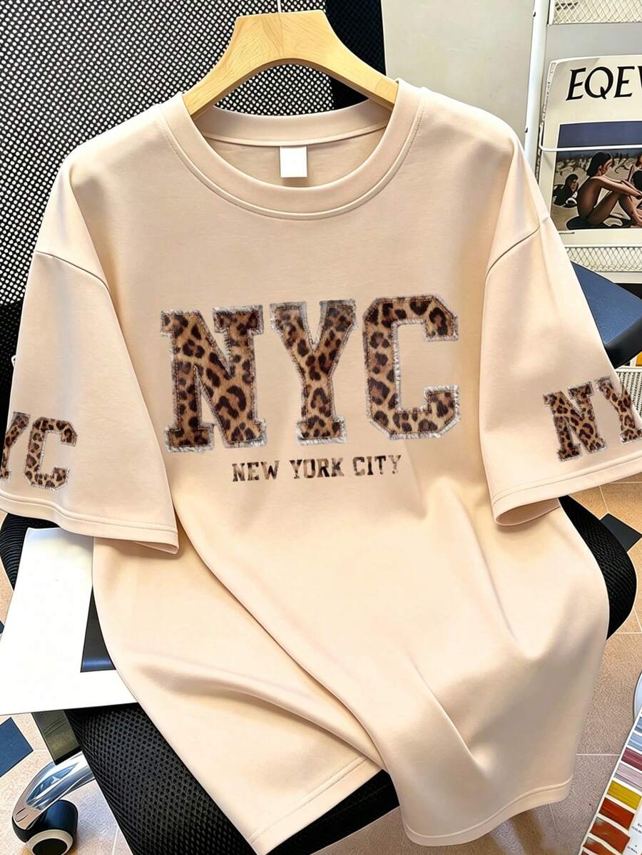 Plus Size Women Summer Round Neck Short Sleeve Letter & Leopard Print Casual T-Shirt - Apricot - View 1