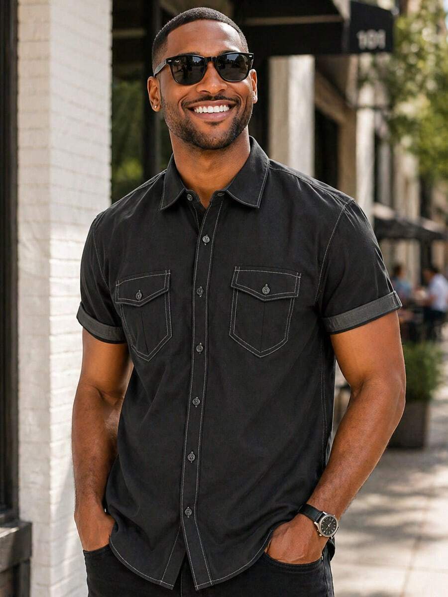 Mens Short Sleeve Western Two Pocket Button Up Shirt - Black - View 1