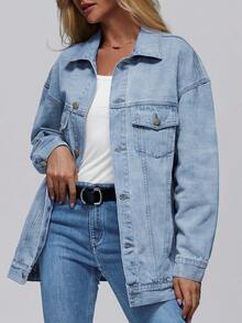 Women's Oversized Denim Jacket Long Sleeve Button Front Casual Loose Fit Autumn Coat - Light blue - View 2