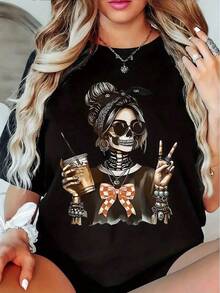Pure Cotton Women's Gothic Style T-Shirt With Mexican Folk Art Catrina - Skeleton Drinking Coffee And Bow Design, Casual Short Sleeve Blouse For Day Of The Dead Outfits, Camisole - 黑色 - 查看 6