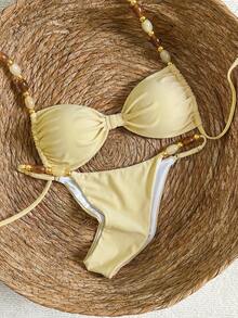 Bikinx Women's Halter Neck Back Tie Bikini Set, Bohemian Style Contrast Color Beaded Shoulder Straps, Suitable For Beach Vacation Summer Yellow - Yellow - View 5