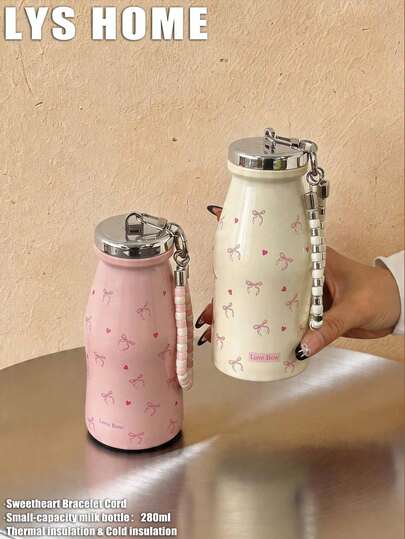 1pc 280ml Small Capacity Heart & Bow Tie Design Stainless Steel Double Wall Insulated Tumbler, Portable Cup Suitable For Travel, Home, Office, Gym, Gift For Partner, Father's Day, Mother's Day, Anniversary, Birthday