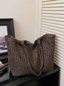 Bolso Tote de Gran Capacidad con Diseño Marrón, Gancho Externo para Taza de Café, Cubierta Superior con Estampado de Leopardo, Doble Correa para el Hombro y Llavero - Marrón - Ver 4
