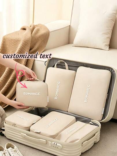 6pcs Personalized Name Printed Travel Organizer Bags, Large Capacity Portable Luggage Packing Cubes For Clothes, Shoes, Cosmetics, Washable And Easy To Clean, Ideal For Family Trips