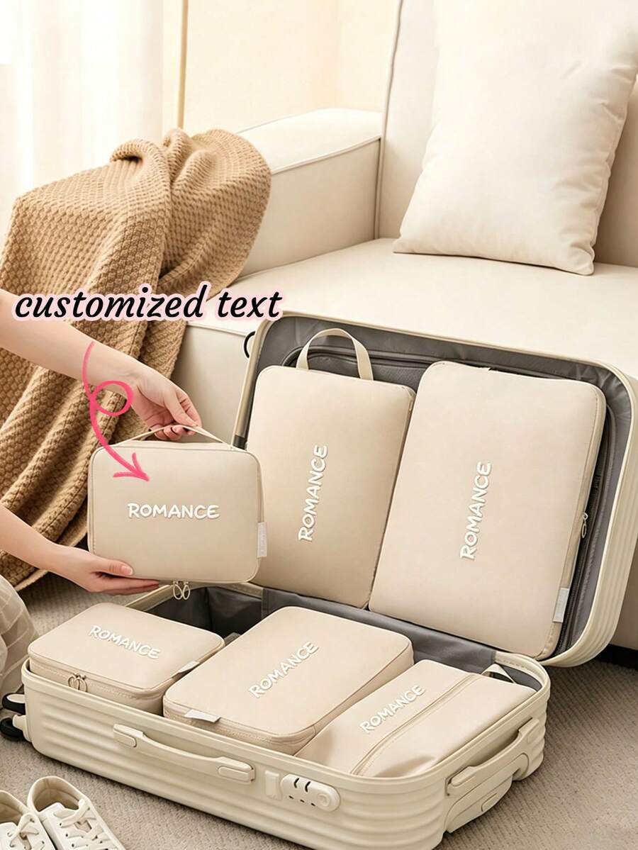 6pcs Personalized Name Printed Travel Organizer Bags, Large Capacity Portable Luggage Packing Cubes For Clothes, Shoes, Cosmetics, Washable And Easy To Clean, Ideal For Family Trips - Multicolor - View 1