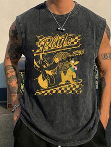Disney Pluto 1930 Checkered Officially Licensed Men's Sleeveless Graphic Tee, 100% Cotton 230g Washed Vintage Casual Shirt - 黑色 - 查看 4
