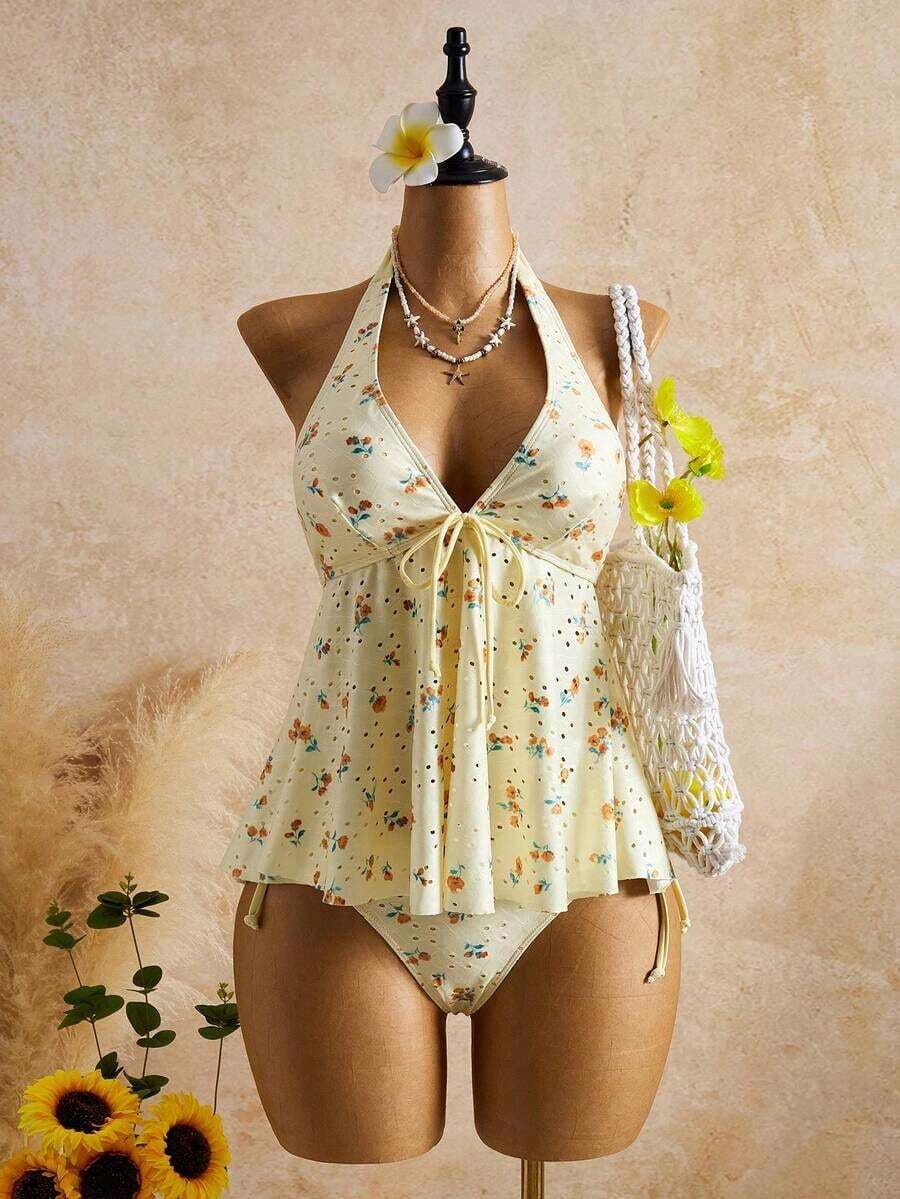 Women's Relaxed Vacation Polka Dot Textured Fabric Camisole Yellow Bikini Tankini Elegant Dress Women Beach Outfit Women's Beach Bikinis Summer - 黃色 - 查看 1