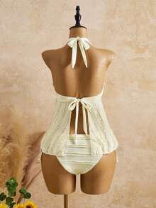 2026 Bellisia Vestido elegante de mujer con estampado de lunares, tela texturizada, camisola relajada para vacaciones, bikini amarillo tipo tankini para playa.Conjunto de playa de mujer para verano 2026, temporada de graduación, boda, regreso a clases, Pascua.Camisola de verano casual y linda, con textura de punto, detalles de volantes, en estilo dulce, romántico y campestre. - Verde - Ver 3