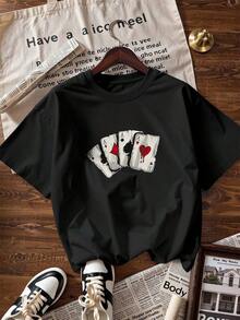 Camiseta con Estampado de Ases de Cartas,Camiseta de manga corta de moda para primavera y verano de 2026, hecha en México, 180 gramos. Estampado de dibujos animados, modelo de pareja, apta para uso interior o exterior. Cuello redondo, unisex, ideal para oficina y ocio. Paquete de una pieza. - BK-P631577SLNDXZGY332 - Ver 3