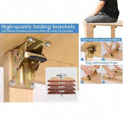 Locking Hinge Folding Leg Brackets, Heavy Duty Folding Brackets 90 Degree Self Locking Folding Hinge Table Furniture 4 Pack Zinc