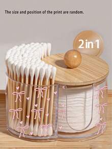 Caja de almacenamiento de plástico transparente con tapa de bambú con patrón de lazo rosa 2 en 1, organizador de cosméticos de escritorio con doble orificio redondo, organizador de maquillaje de doble compartimento transparente - Multicolor - Ver 1