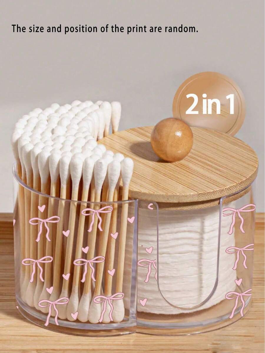 Caja de almacenamiento de plástico transparente con tapa de bambú con patrón de lazo rosa 2 en 1, organizador de cosméticos de escritorio con doble orificio redondo, organizador de maquillaje de doble compartimento transparente - Multicolor - Ver 1