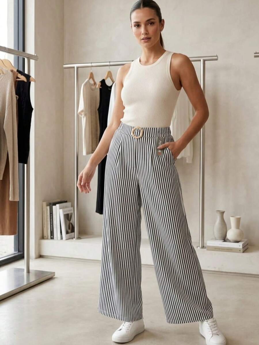 Pantalones de talle alto con estampado de rayas verticales y cinturón decorativo   Elegante    Material Compuesto    Cinturón    Pantalon dama - Blanco y Negro - Ver 1